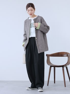 「reca（レカ）のWフェイスニットコート（ノーカラーコート、グレー系）」を使った、recastaffさん（レディース・158cm）の秋コーディネート
