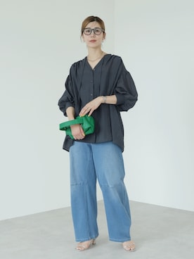 「reca（レカ）のストレッチデニムカーブパンツ（デニムパンツ、ブルー系）」を使った、recastaffさん（レディース・158cm）の夏コーディネート