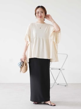 「reca（レカ）のフレンチ袖フリルプルオーバー（Tシャツ/カットソー、ホワイト系）」を使った、recastaffさん（レディース・158cm）の夏コーディネート