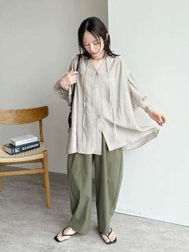 「reca（レカ）の前開きボリューム袖ブラウス（シャツ/ブラウス、ベージュ系）」を使った、recastaffさん（レディース・158cm）の夏コーディネート