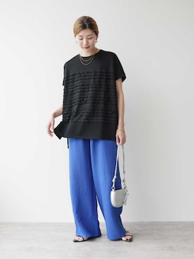 「reca（レカ）の無地/ストライプエンボス加工イージーパンツ（その他パンツ、ブルー系）」を使った、recastaffさん（レディース・165cm）の春コーディネート