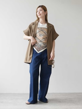 「reca（レカ）のフレンチ袖フリルプルオーバー（Tシャツ/カットソー、ブラック系）」を使った、recastaffさん（レディース・165cm）の春コーディネート