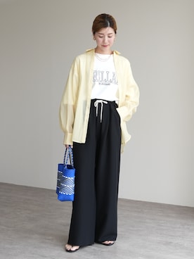 「reca（レカ）の無地/ストライプエンボス加工イージーパンツ（その他パンツ、ブラック系）」を使った、recastaffさん（レディース・165cm）の春コーディネート