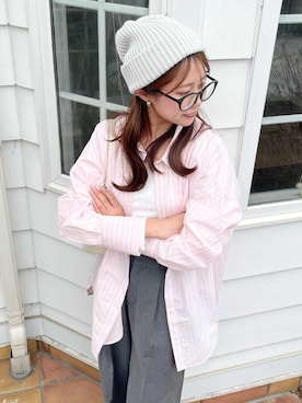 「reca（レカ）のアソートオーバーサイズベーシックシャツ（シャツ/ブラウス、ピンク系）」を使った、recastaffさん（レディース・165cm）の春コーディネート
