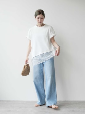 「reca（レカ）のクーリッシュデニムワイドパンツ（デニムパンツ、ブルー系）」を使った、recastaffさん（レディース・165cm）の春コーディネート