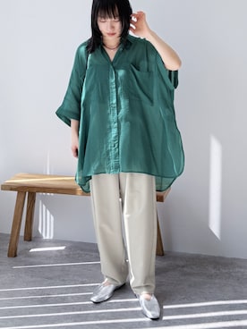 「reca（レカ）のワイドカーブパンツ（その他パンツ、ベージュ系）」を使った、recastaffさん（レディース・158cm）の夏コーディネート