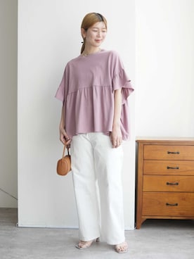 「reca（レカ）のクーリッシュデニムワイドパンツ（デニムパンツ、ホワイト系）」を使った、recastaffさん（レディース・158cm）の夏コーディネート
