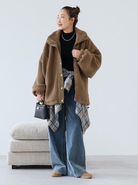 「reca（レカ）のチェックBIGシャツ（シャツ/ブラウス、ブルー系）」を使った、recastaffさん（レディース・158cm）の秋コーディネート