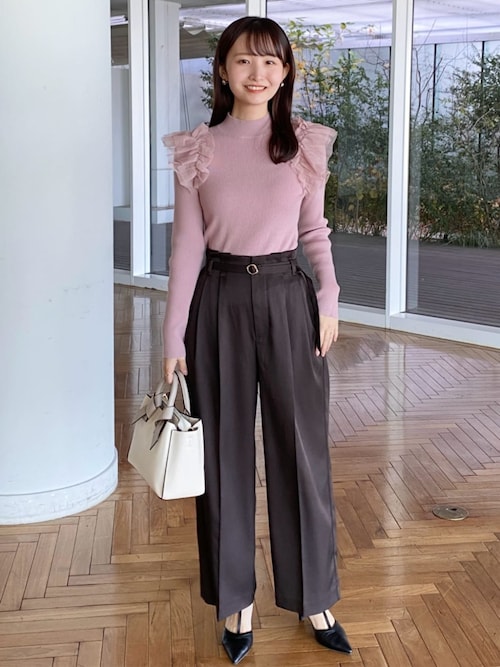 セール】ショルダーチュールフリルハイネックニット【洗濯機OK/抗ピル