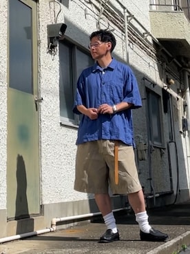 「CAHLUMN（カウラム）のCAHLUMN/カウラム Linen Open Collar Shirt/リネン オープンカラーシャツ（シャツ/ブラウス、ブルー系）」を使った、クロ🐑さん（メンズ・168cm）の夏コーディネート