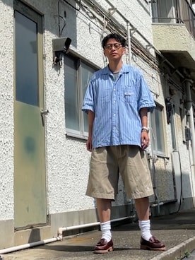 「CAHLUMN（カウラム）のCAHLUMN/カウラム Magazine Pocket Chain Stitch Open Collar Shirt/マガジンポケット チェーン ステッチ オープンカラーシャツ（シャツ/ブラウス、その他）」を使った、クロ🐑さん（メンズ・168cm）の夏コーディネート