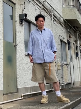 「Clarks（クラークス）のWALLABEE BOOT GTX　26179257（モカシン/デッキシューズ、ベージュ系）」を使った、クロ🐑さん（メンズ・168cm）の夏コーディネート