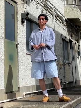 「CAHLUMN（カウラム）のCAHLUMN/カウラム Magazine Pocket Oxford B.D Shirt/マガジンポケット オックスフォード ボタンダウンシャツ（シャツ/ブラウス、ブルー系）」を使った、クロ🐑さん（メンズ・168cm）の夏コーディネート