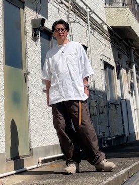 「CAHLUMN（カウラム）のCAHLUMN/カウラム Water buffalo Leather Belt/ウォーター バッファロー レザーベルト（ベルト、ベージュ系）」を使った、クロ🐑さん（メンズ・168cm）の夏コーディネート