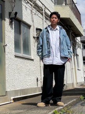 「無印良品（ムジルシリョウヒン）の紳士 乾きやすいワンタックワイドパンツ（その他パンツ、ブラック系）」を使った、クロ🐑さん（メンズ・168cm）の春コーディネート