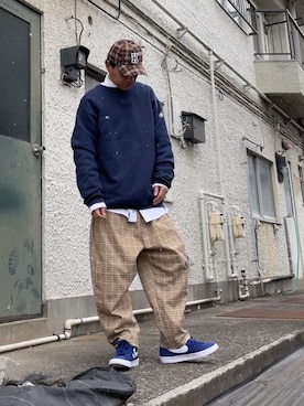 「KRIFF MAYER（クリフメイヤー）のアイテム（帽子）」を使った、クロ🐑さん（メンズ・168cm）の春コーディネート