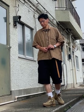 「CAHLUMN（カウラム）のCAHLUMN/カウラム Linen Open Collar Shirt/リネン オープンカラーシャツ（シャツ/ブラウス、グリーン系）」を使った、クロ🐑さん（メンズ・168cm）の夏コーディネート