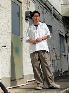 「CAHLUMN（カウラム）のCAHLUMN/カウラム Linen Open Collar Shirt/リネン オープンカラーシャツ（シャツ/ブラウス、ホワイト系）」を使った、クロ🐑さん（メンズ・168cm）の夏コーディネート