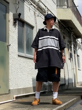 「NAUTICA（ノーティカ）のNAUTICA/ノーティカ “TOO HEAVY” Oversized Rugger Shirt/トゥーヘヴィーオーバーサイズドラガーシャツ（Tシャツ/カットソー）」を使った、クロ🐑さん（メンズ・168cm・40代）の夏コーディネート