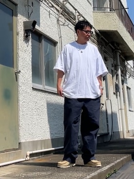 「GAP（ギャップ）のGapflex バギーフィット モダンカーキパンツ（チノパンツ、ブルー系）」を使った、クロ🐑さん（メンズ・168cm）の夏コーディネート