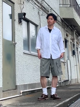 「無印良品（ムジルシリョウヒン）の紳士　ヘンプコットン長袖シャツ（シャツ/ブラウス、ホワイト系）」を使った、クロ🐑さん（メンズ・168cm）の夏コーディネート