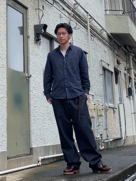 「無印良品（ムジルシリョウヒン）の紳士 ヘンプコットン長袖シャツ（シャツ/ブラウス、ブルー系）」を使った、クロ🐑さん（メンズ・168cm）の夏コーディネート