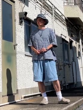 「CITEN（シテン）の＜CITEN＞デニム イージー ショーツ（その他パンツ、ブルー系）」を使った、クロ🐑さん（メンズ・168cm）の夏コーディネート