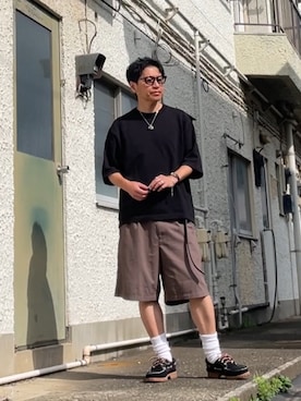 「green label relaxing（グリーンレーベルリラクシング）のTR 和紙 2プリーツ ショート パンツ ショーツ（その他パンツ、ブラウン系）」を使った、クロ🐑さん（メンズ・168cm）の秋コーディネート