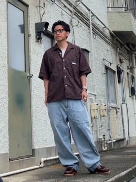 「CAHLUMN（カウラム）のCAHLUMN/カウラム Magazine Pocket Chain Stitch Open Collar Shirt/マガジンポケット チェーン ステッチ オープンカラーシャツ（シャツ/ブラウス、ブラウン系）」を使った、クロ🐑さん（メンズ・168cm）の夏コーディネート