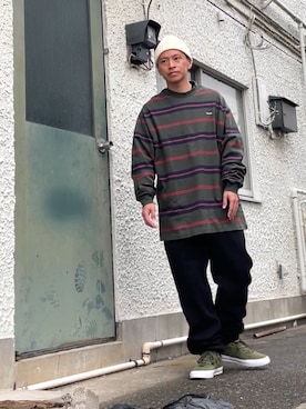 「アイテム（ニットキャップ/ビーニー、ホワイト系）」を使った、クロ🐑さん（メンズ・168cm）の春コーディネート