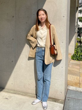 「70'sコーデ」｜「アイテム（ノーカラージャケット）」を使った、nodokaさん（レディース・159cm）の春コーディネート