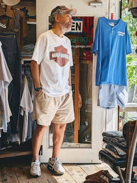 「Harley-Davidson（ハーレーダビッドソン）のアイテム（Tシャツ/カットソー、ホワイト系）」を使った、ataco garageさん（メンズ・173cm）の夏コーディネート