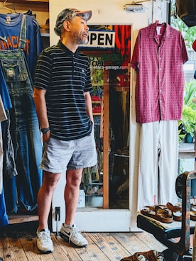 「FRENCH LACOSTE（フレンチラコステ）のアイテム（ポロシャツ、ブラック系）」を使った、ataco garageさん（メンズ・173cm）の夏コーディネート
