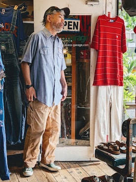 「RED KAP（レッドキャップ）のアイテム（シャツ/ブラウス、ブルー系）」を使った、ataco garageさん（メンズ・173cm）の夏コーディネート