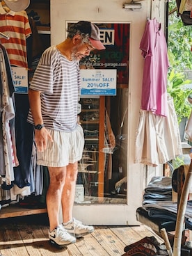 「Moddiのアイテム（その他パンツ、ホワイト系）」を使った、ataco garageさん（メンズ・173cm）の夏コーディネート