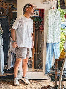 「liz&co.のアイテム（Tシャツ/カットソー、ブルー系）」を使った、ataco garageさん（メンズ・173cm）の夏コーディネート