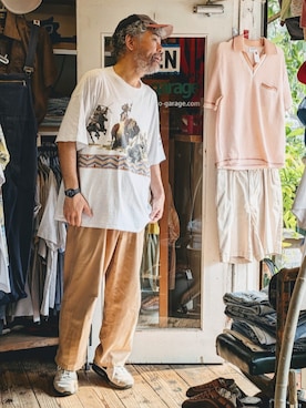 「CalCru（カルクルー）のアイテム（Tシャツ/カットソー、ブルー系）」を使った、ataco garageさん（メンズ・173cm）の夏コーディネート