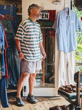 「Barettiのアイテム（ポロシャツ、グリーン系）」を使った、ataco garageさん（メンズ・173cm）の夏コーディネート