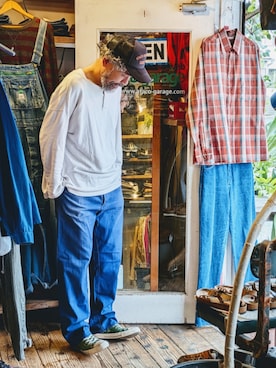 「--（--）のアイテム（Pants、ブルー系）」を使った、ataco garageさん（メンズ・173cm）の春コーディネート