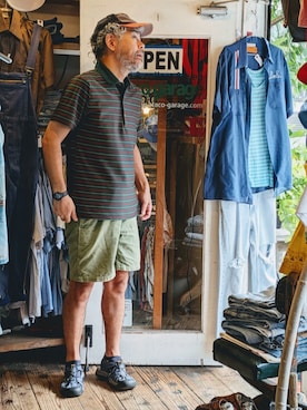 「Crestのアイテム（ポロシャツ、グリーン系）」を使った、ataco garageさん（メンズ・173cm）の夏コーディネート