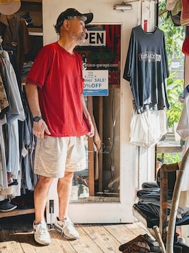 「GABRIELLEのアイテム（Tシャツ/カットソー、レッド系）」を使った、ataco garageさん（メンズ・173cm）の夏コーディネート