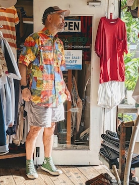 「THE TERRITORY AHEADのアイテム（シャツ/ブラウス、レッド系）」を使った、ataco garageさん（メンズ・173cm）の夏コーディネート