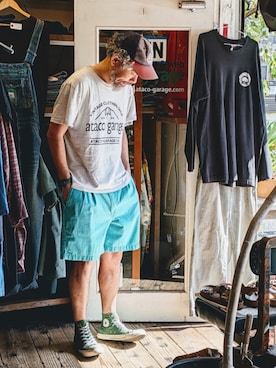 「RUFF HEWNのアイテム（Pants、グリーン系）」を使った、ataco garageさん（メンズ・173cm）の春コーディネート