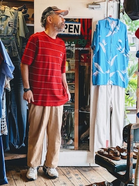 「CHAPS（チャップス）のアイテム（トップス）」を使った、ataco garageさん（メンズ・173cm）の夏コーディネート