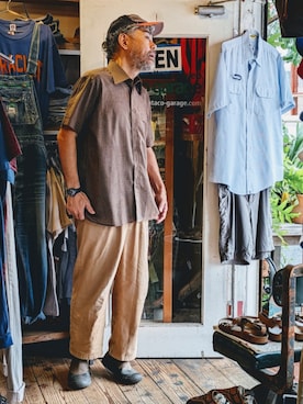 「--（--）のアイテム（シャツ/ブラウス、ブラウン系）」を使った、ataco garageさん（メンズ・173cm）の夏コーディネート