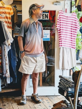 「Lilly Dacheのアイテム（ポロシャツ、グレー系）」を使った、ataco garageさん（メンズ・173cm）の夏コーディネート