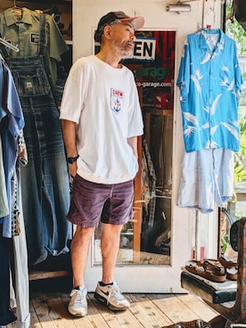 「COMPAGNIE DE CALIFORNIEのアイテム（Tシャツ/カットソー、ホワイト系）」を使った、ataco garageさん（メンズ・173cm）の夏コーディネート