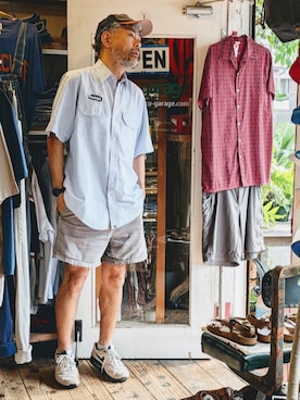 「RED KAP（レッドキャップ）のアイテム（シャツ/ブラウス、ブルー系）」を使った、ataco garageさん（メンズ・173cm）の夏コーディネート