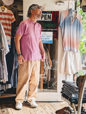 「FRENCH LACOSTE（フレンチラコステ）のアイテム（ポロシャツ、ピンク系）」を使った、ataco garageさん（メンズ・173cm）の夏コーディネート