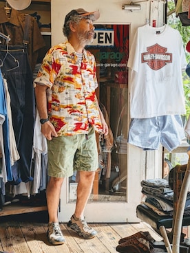 「Aremarのアイテム（シャツ/ブラウス、レッド系）」を使った、ataco garageさん（メンズ・173cm）の夏コーディネート